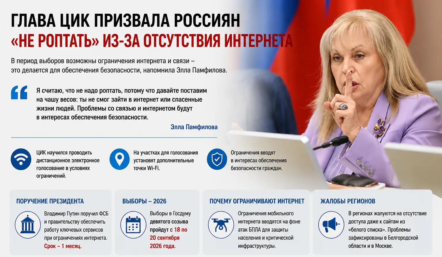 Памфилова призвала россиян «не роптать» из-за отключения интернета на выборах