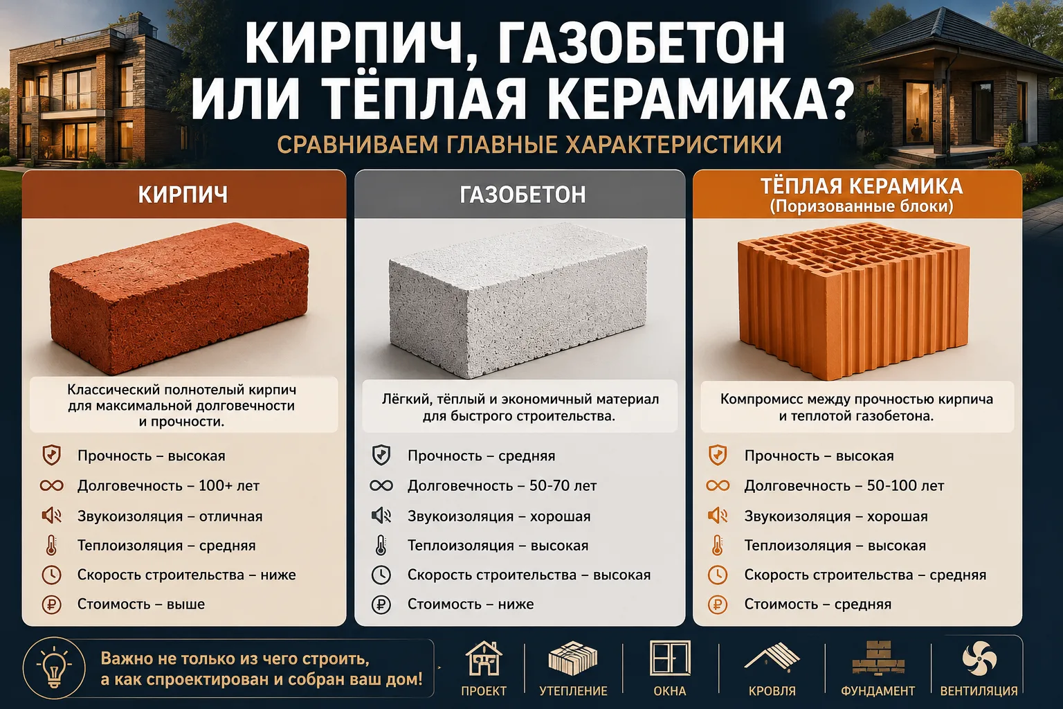 🤔 Кирпич, газобетон или тёплая керамика — из чего строить дом?