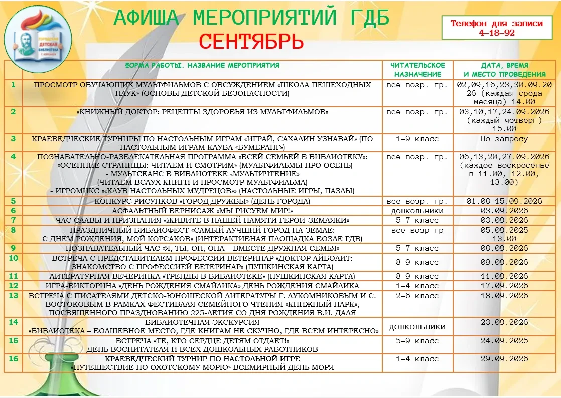 ПЛАН МЕРОПРИЯТИЙ ГДБ НА СЕНТЯБРЬ