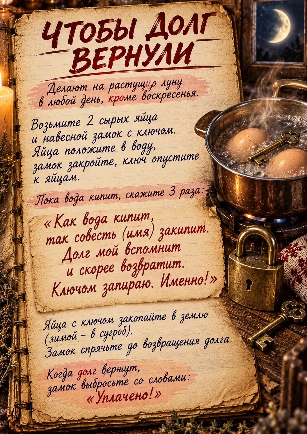 💰 Делают на растущую луну, в любой день, кроме воскресенья.