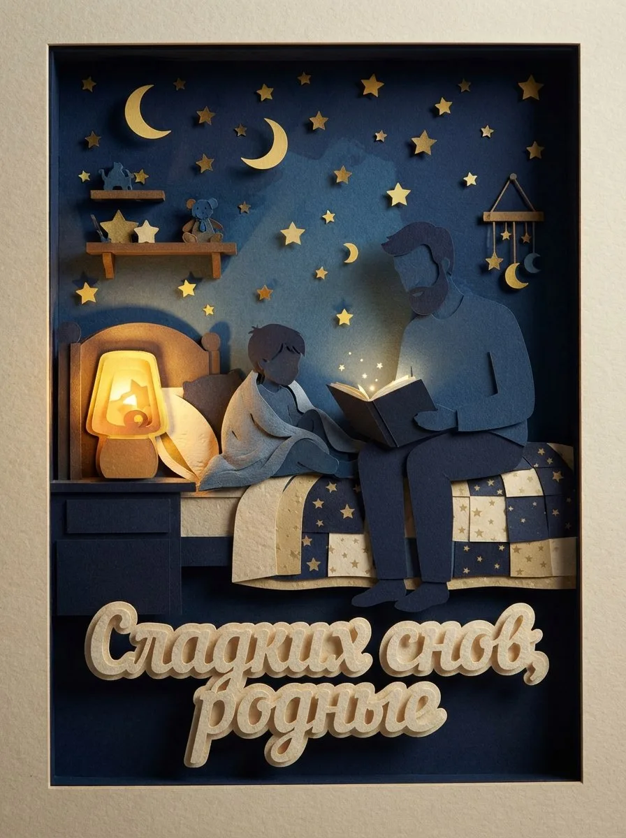 Сладких снов, родные! Папа читает сыну волшебную книгу, а из страниц вылетают звёзды и ...