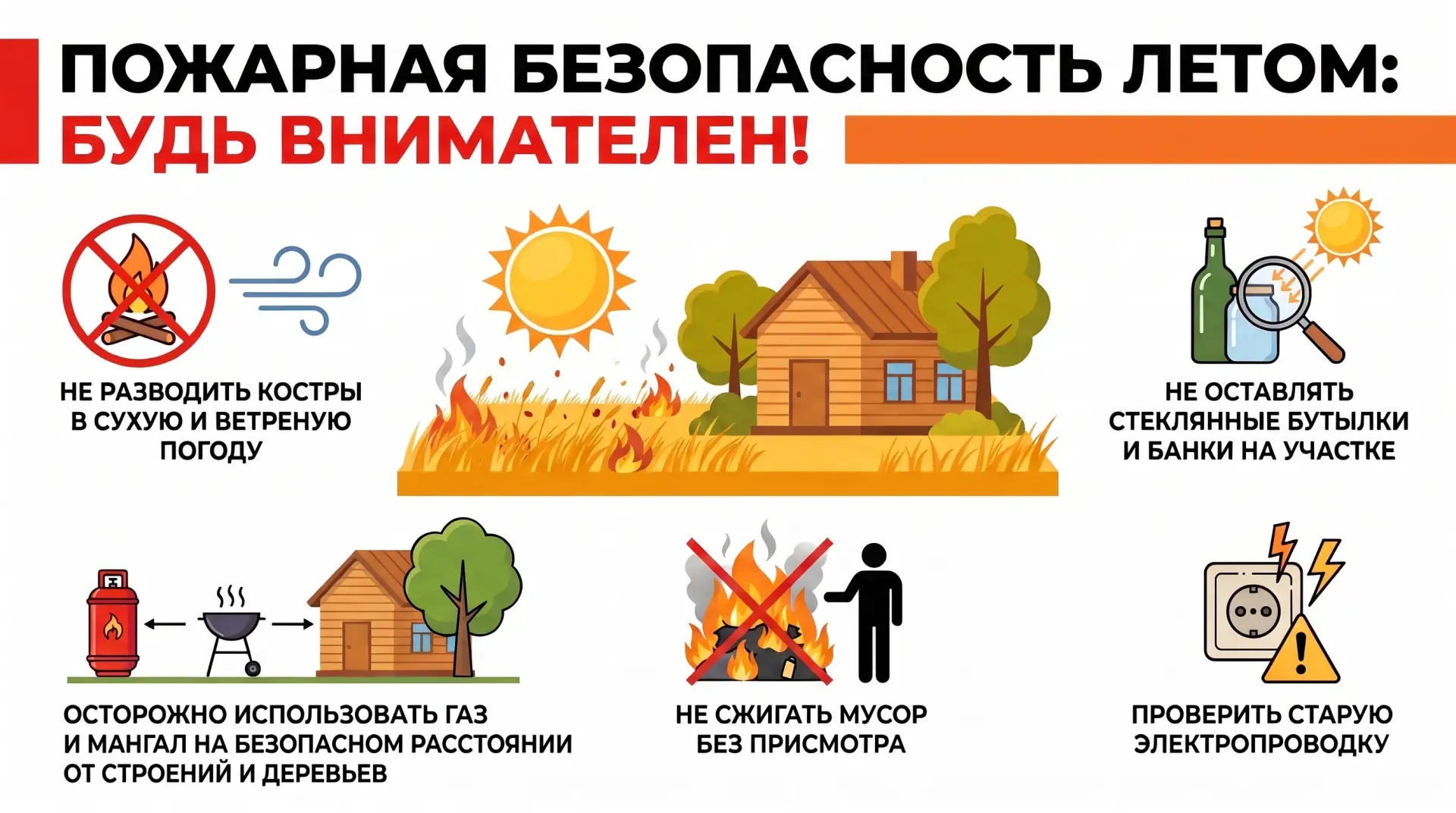 Внимание! МЧС предупреждает! Пожарная безопасность летом!

Лето — время отдыха на природе, дачных ра