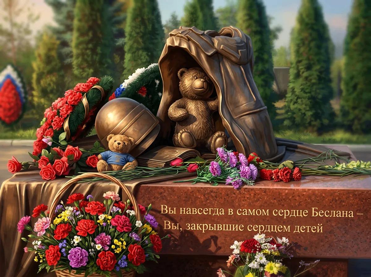 У входа на мемориальное кладбище «Город ангелов» в Беслане установлен пронзительный мон...