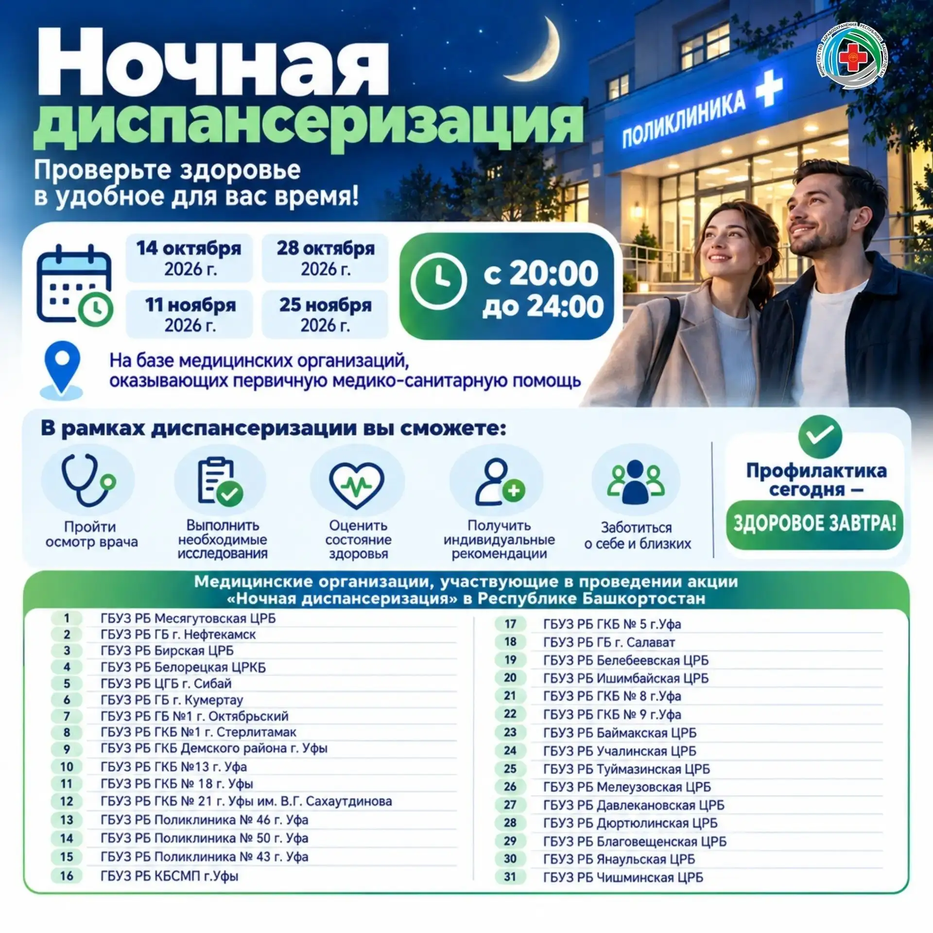✅В Башкортостане вновь пройдет акция «Ночная диспансеризация».