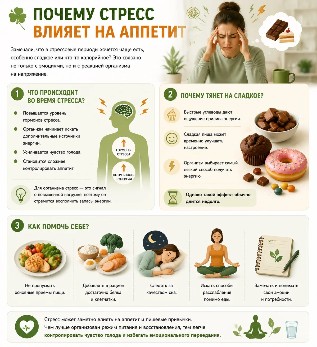 🍀 Почему стресс влияет на аппетит 

Замечали, что в стрессовые периоды хочется чаще есть, особенно 
