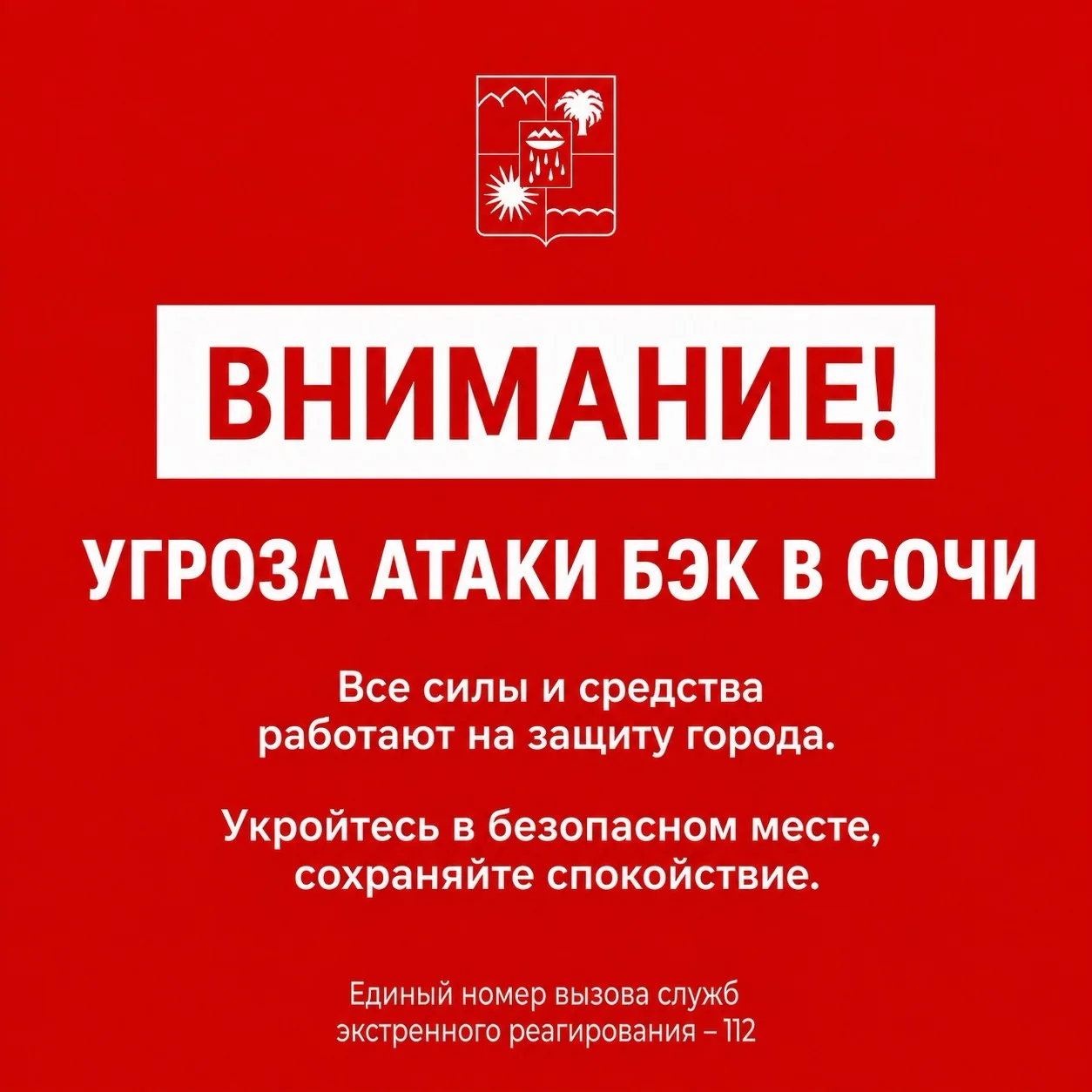 Внимание! Угроза атаки БЭК в Сочи. Все силы и средства работают на защиту города. Укрой...