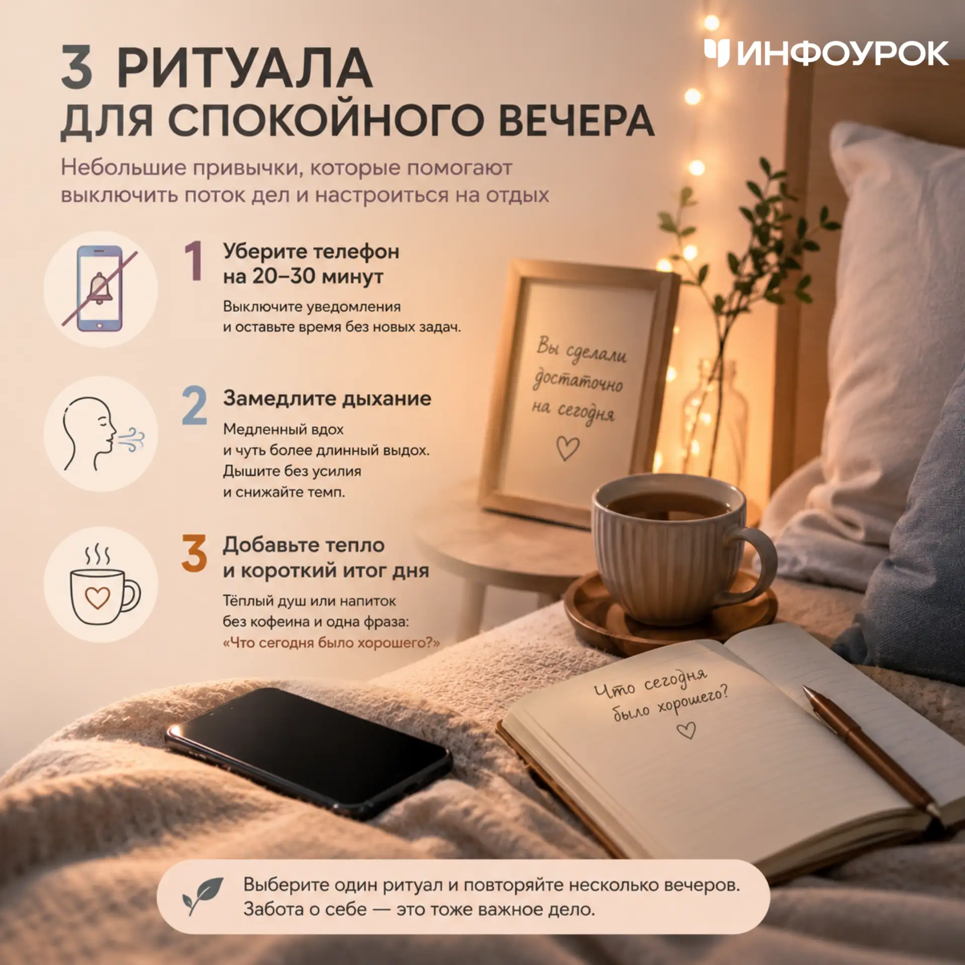 Вечером бывает трудно остановить внутренний список дел: что проверить, кому ответить, что подготовит