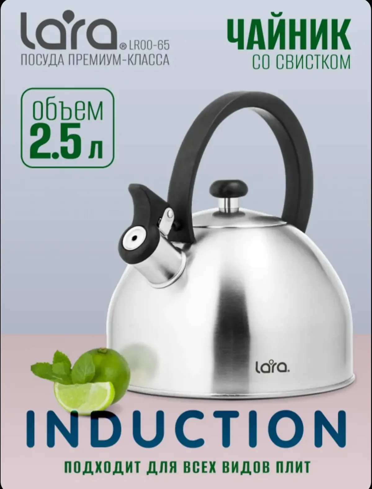 ☑️ Чайник со свистком 2,5 л LARA для газовой плиты из нержавеющей стали, для индукции и...