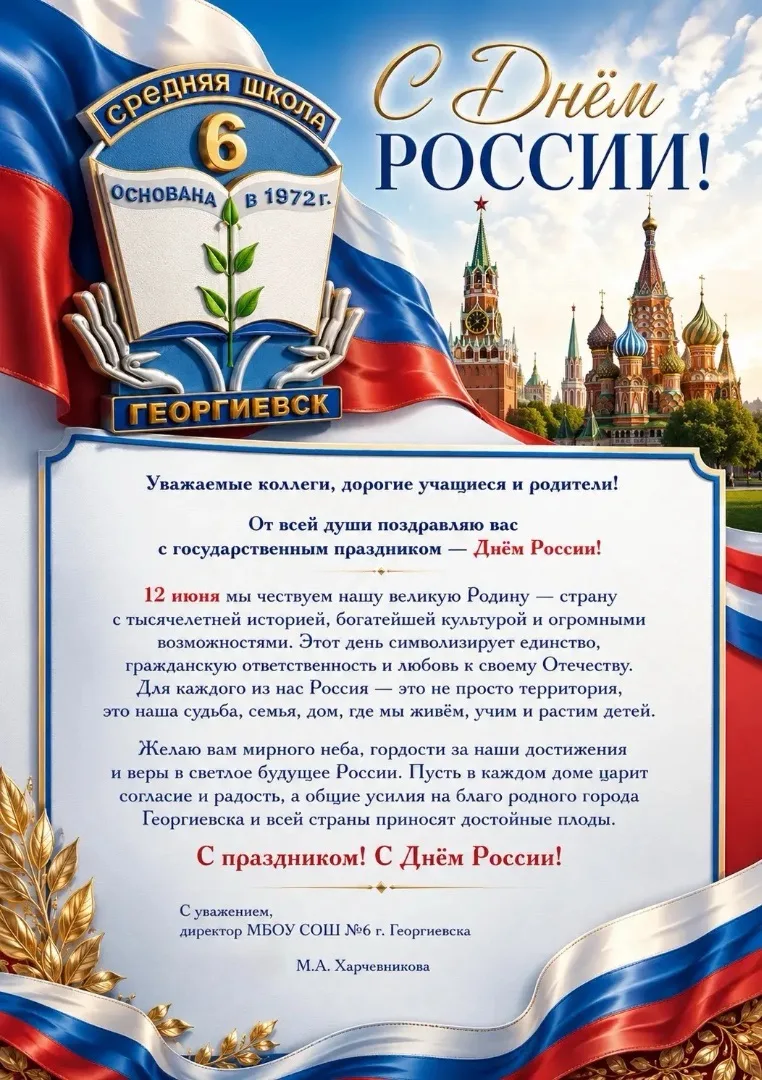 ПОЗДРАВЛЕНИЕ ОТ ДИРЕКТОРА МБОУ СОШ № 6 Г.ГЕОРГИЕВСКА — М.А.ХАРЧЕВНИКОВОЙ
