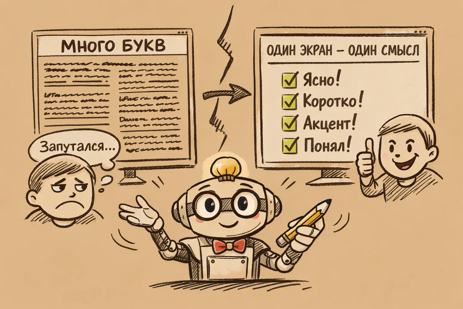 Экран — не тетрадка. Он не обязан терпеть ваши абзацы.