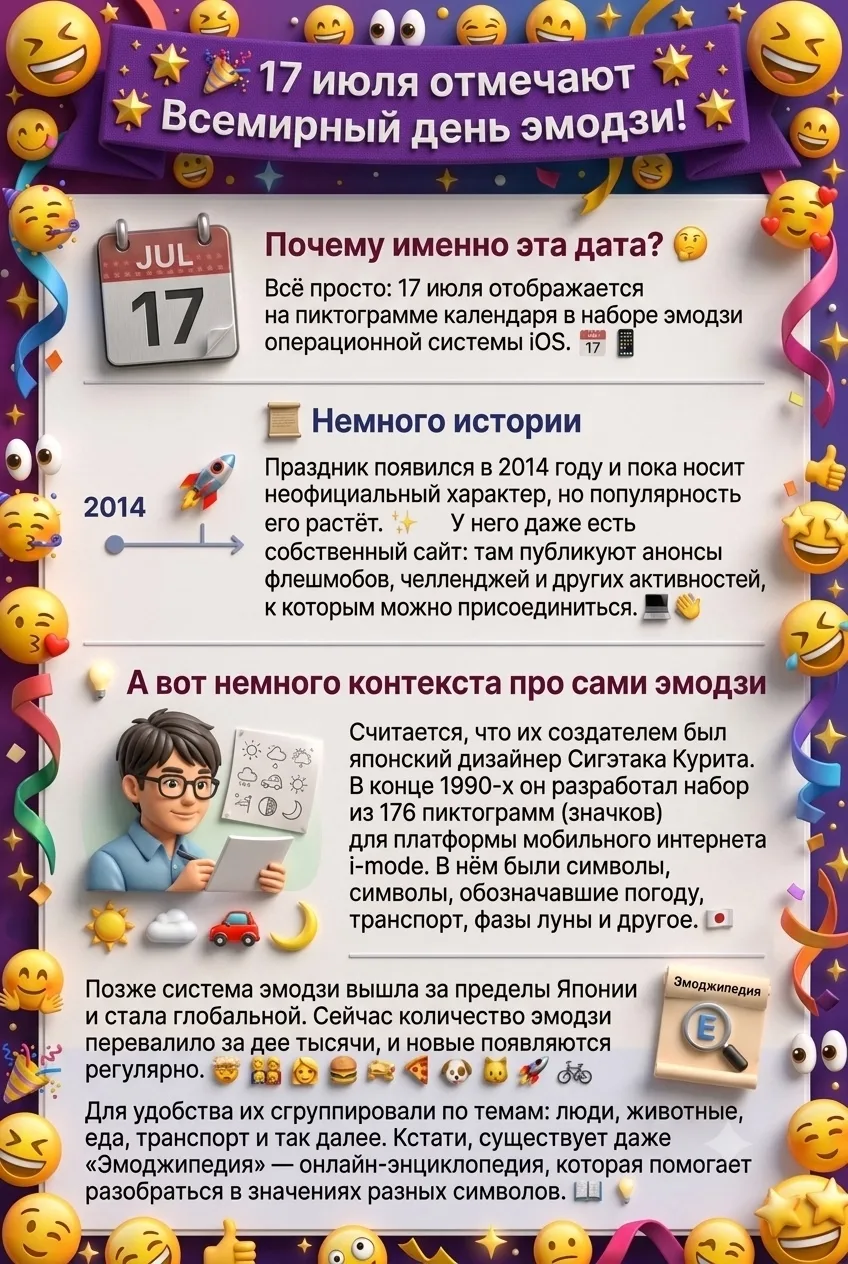 🎉 Всемирный день эмодзи! 🎉

🥳 Сегодня, 17 июля, отмечается Всемирный день эмодзи! 🤩

Эти маленьк