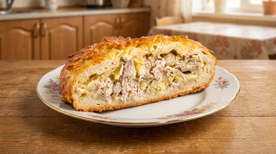 Пирог с курицей, картофелем, грибами и луком — Сытный, сочный пирог с начинкой из курицы, картофеля,
