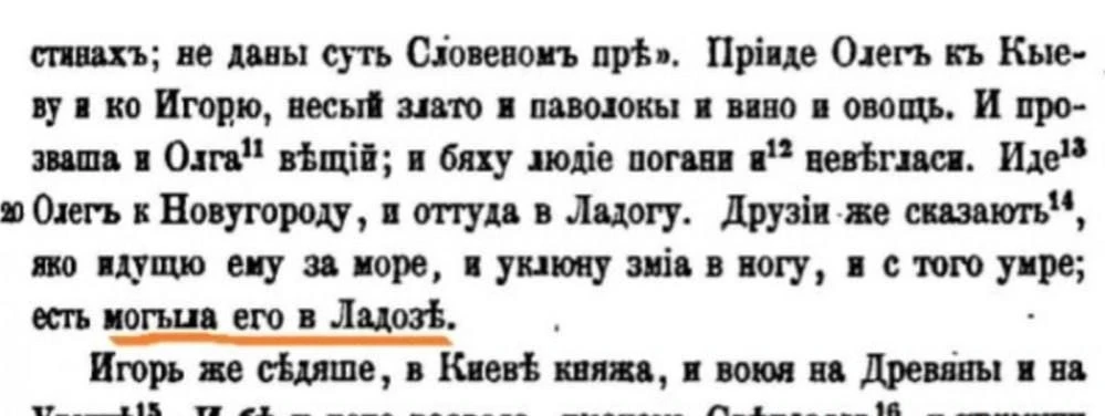 Согласно Повести временных лет, которая основана на Киевской летописи, князь Олег погиб после укуса 