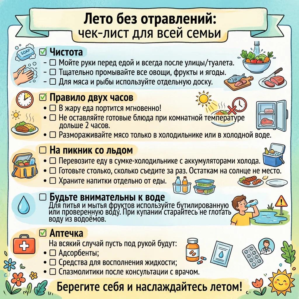 ☀️ Лето без отравлений: чек-лист для всей семьи

Солнце, пикники и свежие ягоды — это прекрасно! Что