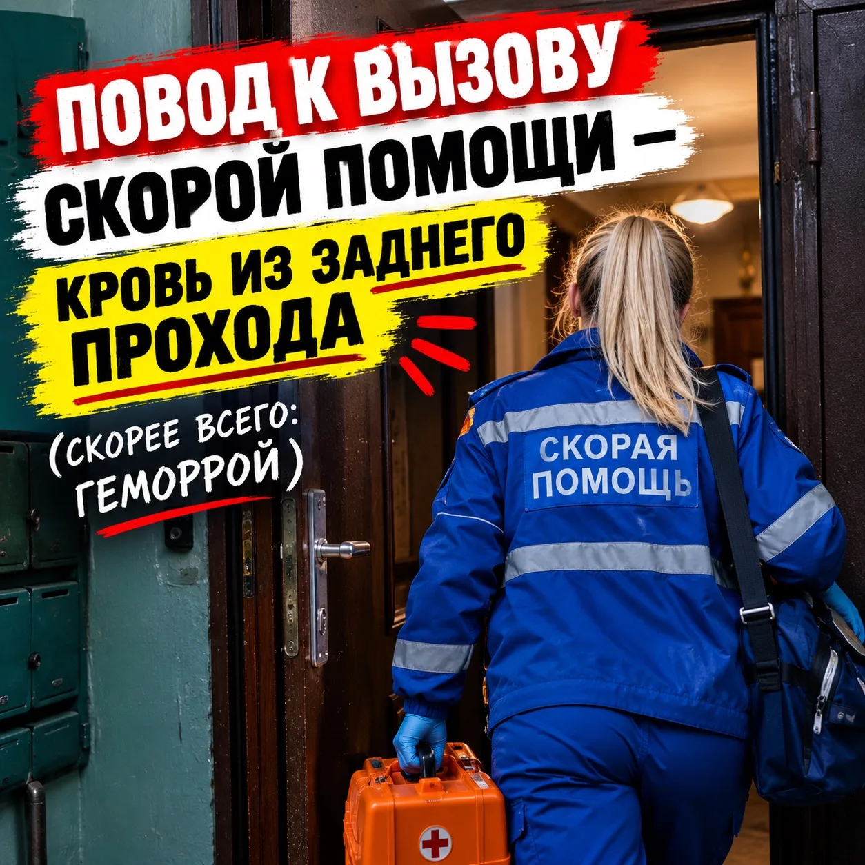Повод к вызову скорой помощи – кровь из заднего прохода, (скорее всего, геморрой).