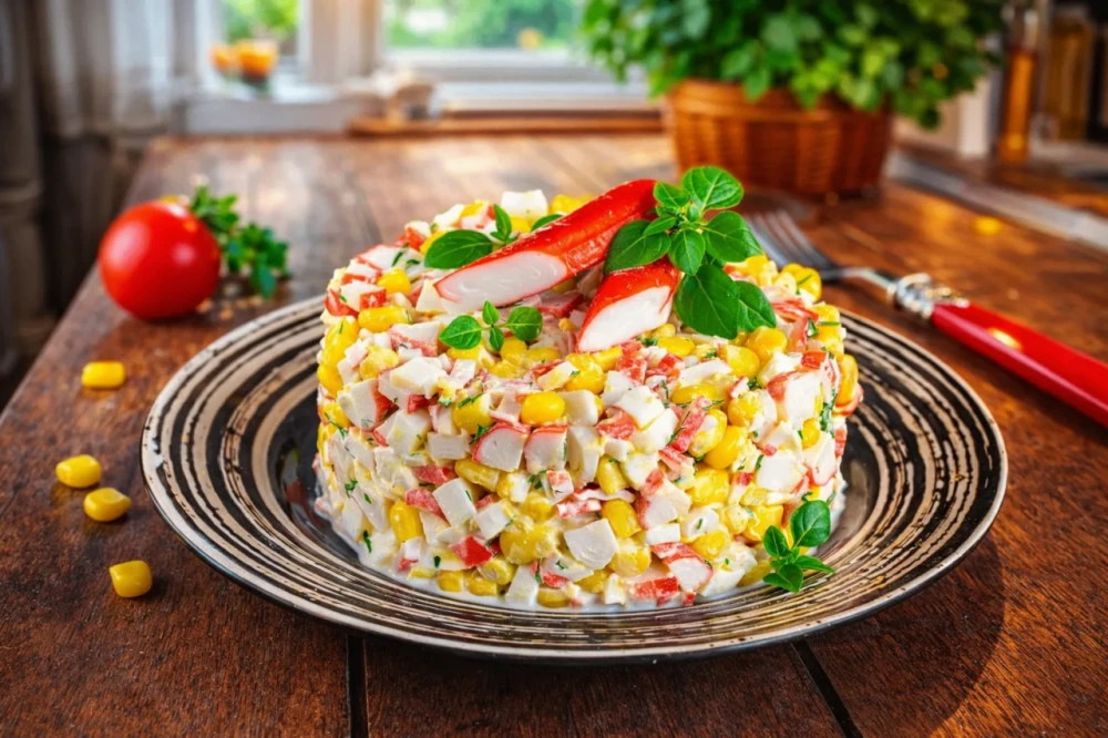 Салат с крабовыми палочками, кукурузой и яйцом

Ингредиенты
Крабовые палочки — 250 г
Кукуруза консер