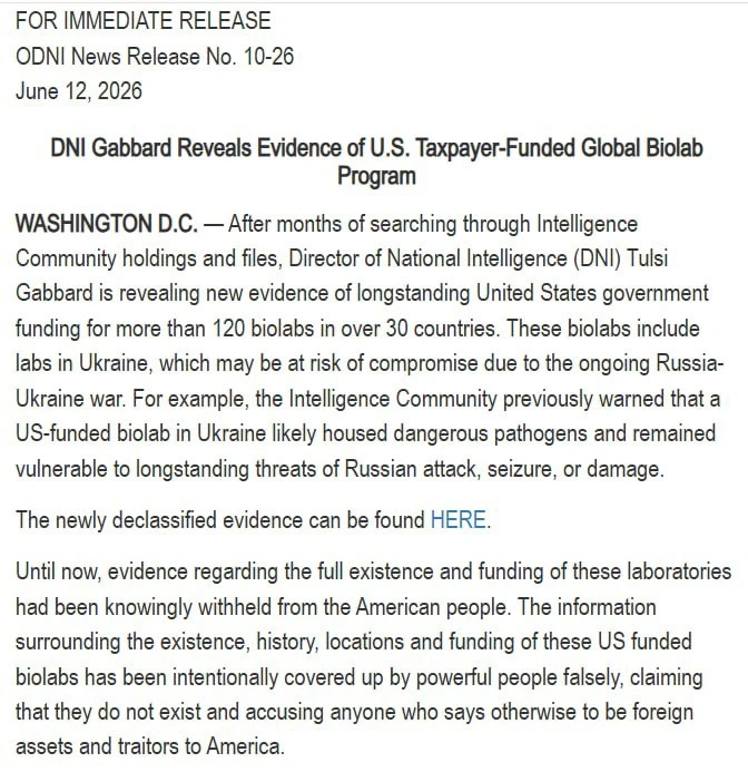 🇺🇸Пока еще директор Комитета Нацразведки США Тулси Габбард опубликовала документы о биолаборатория