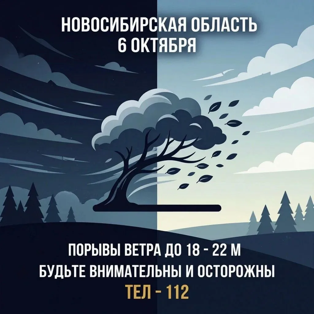 Порывы ветра до 18-22 м/с местами в Новосибирской области ночью и днем 6 октября. Будьт...