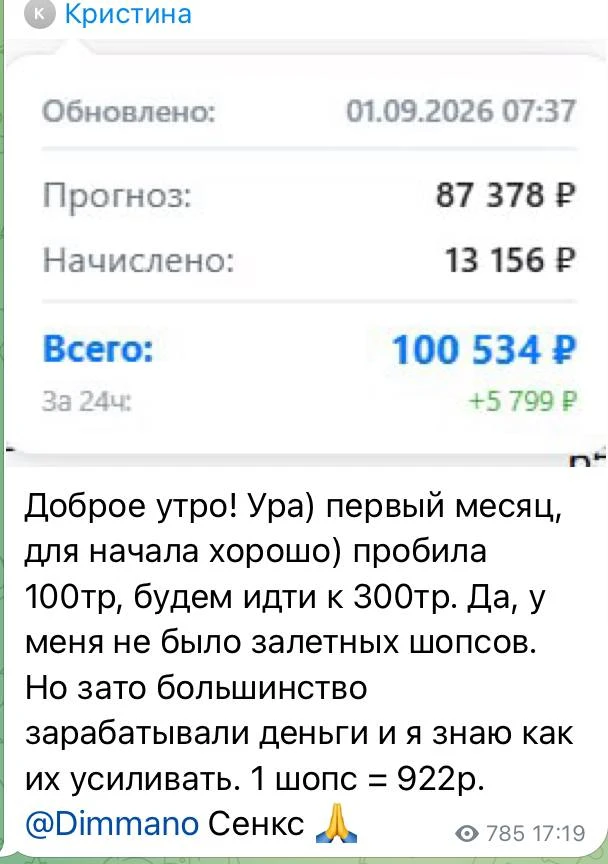 Кристина заработала 100 534 ₽ за первый месяц без единого залетевшего Шопса