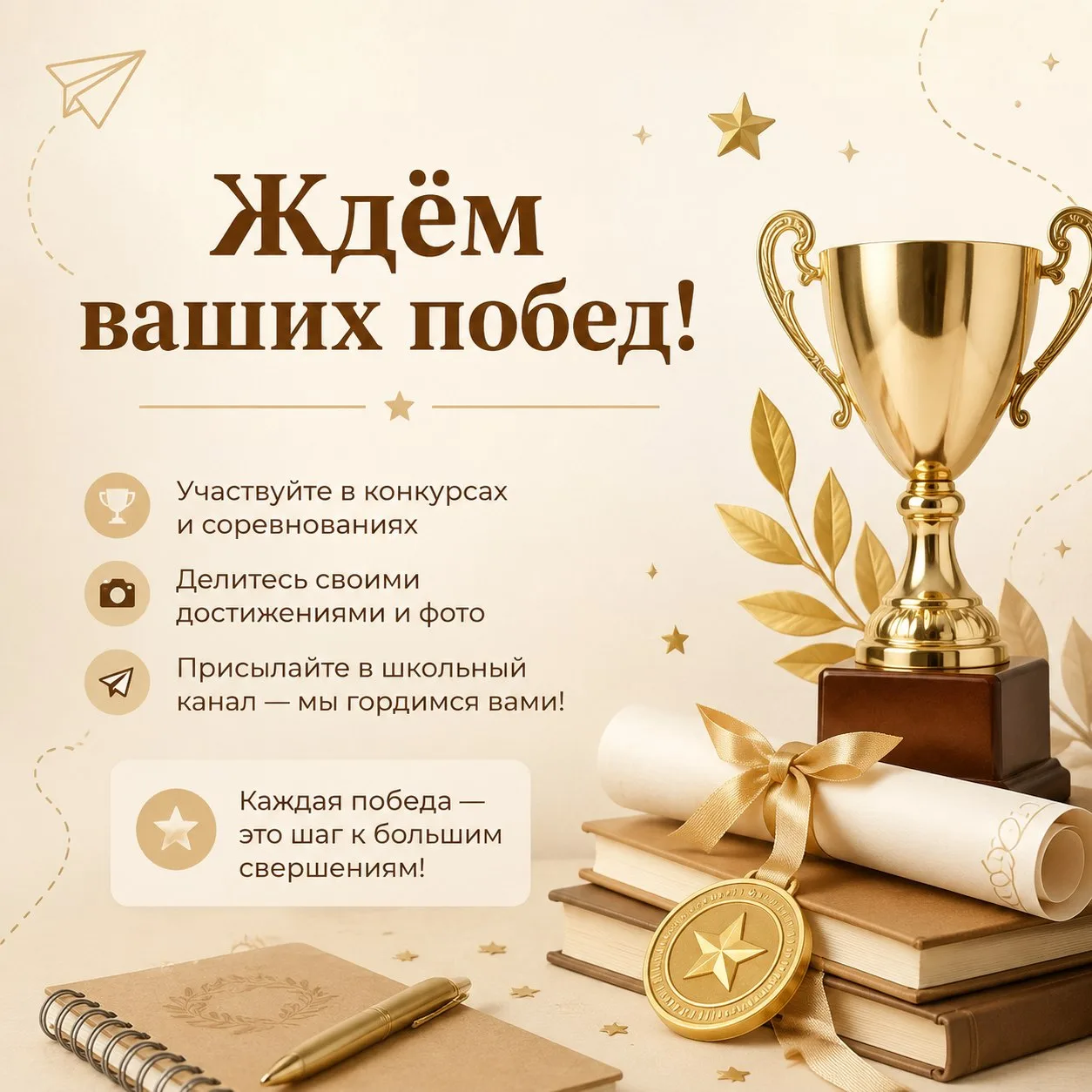 Мы ждём ваших побед 🏆

Ребята, мы знаем: даже на каникулах многие из вас не останавливаются — продо