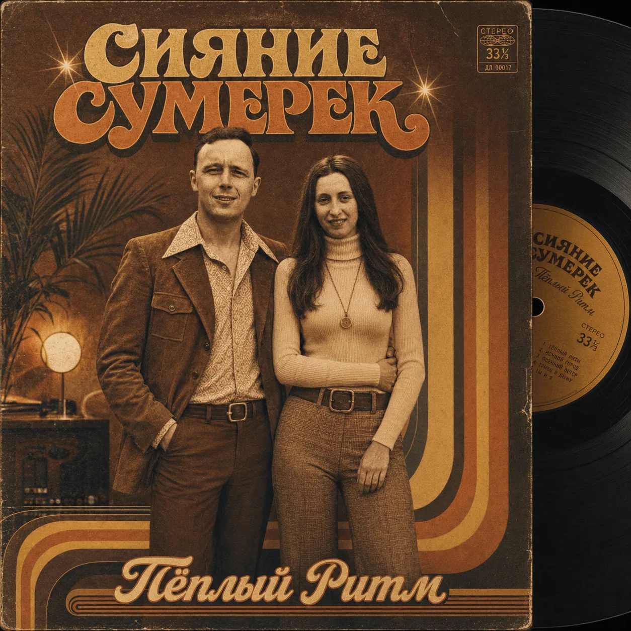 Стилизованный снимок пары в эстетике музыкального альбома 70-х с виниловым кругом и кру...