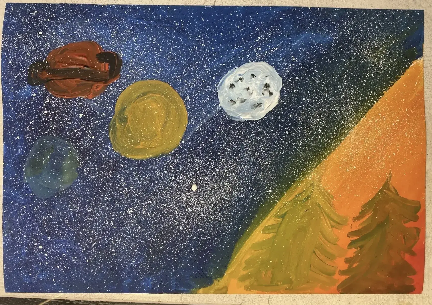 🖼️ 🚀 Выставка рисунков ко Дню космонавтики от наших маленьких орлят.  1В: Благинина Ксения, Ишаев Се