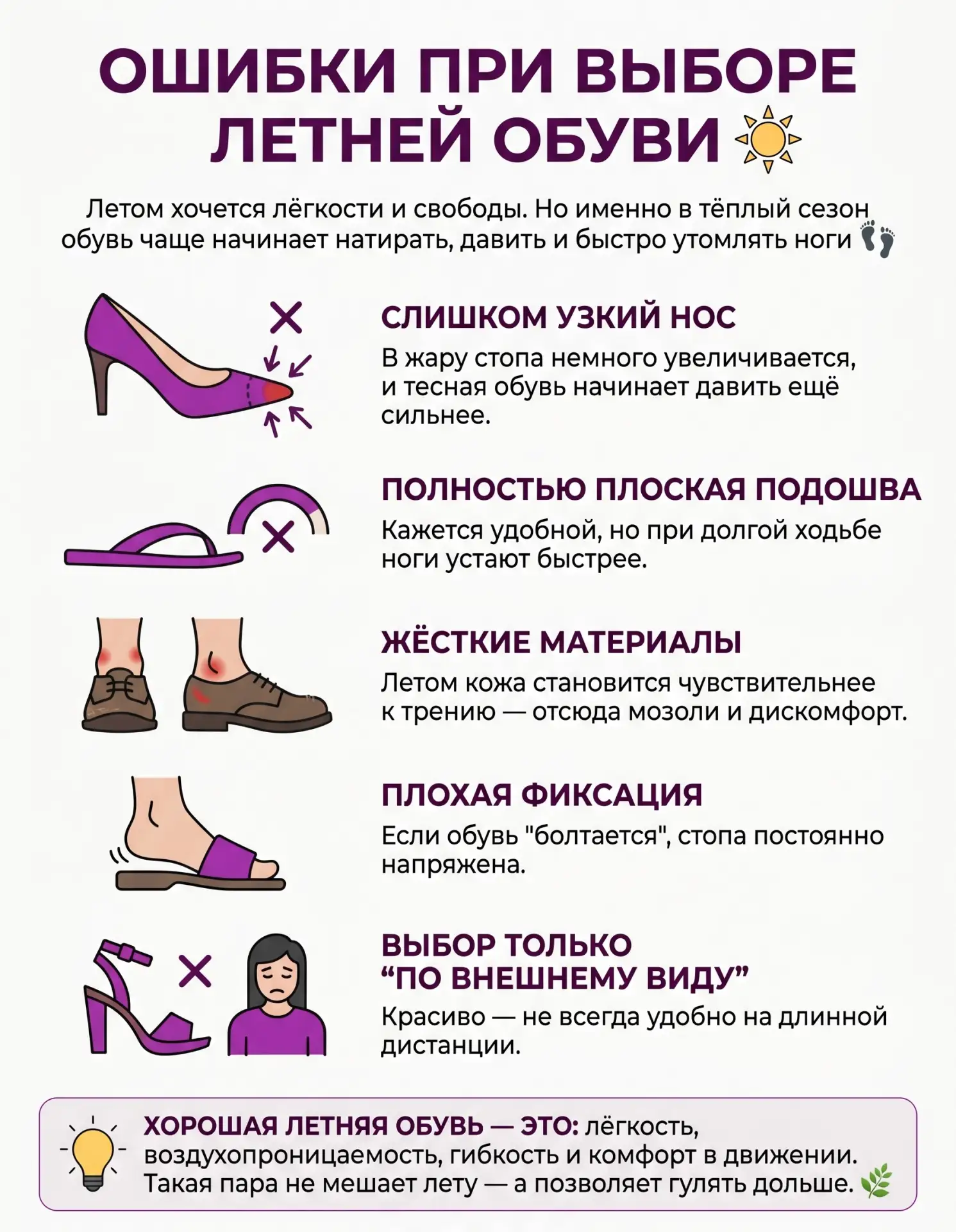 ☀️ Ошибки при выборе летней обуви

Летом хочется лёгкости и свободы.
Но именно в тёплый сезон обувь 