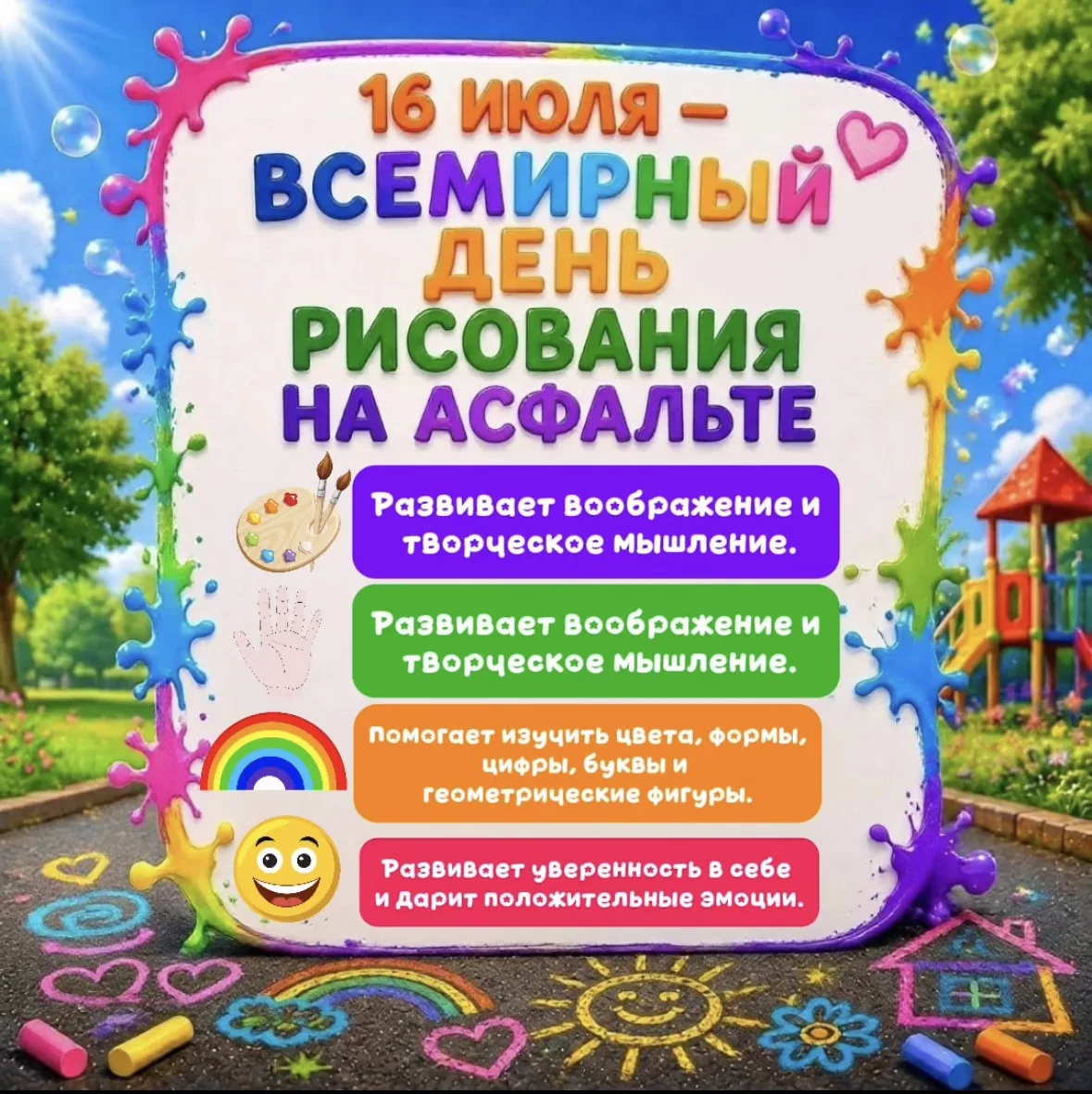 Сегодня, 16 июля, мы отмечаем необычный, но очень яркий праздник — День рисования на асфальте! 🖍️ 
