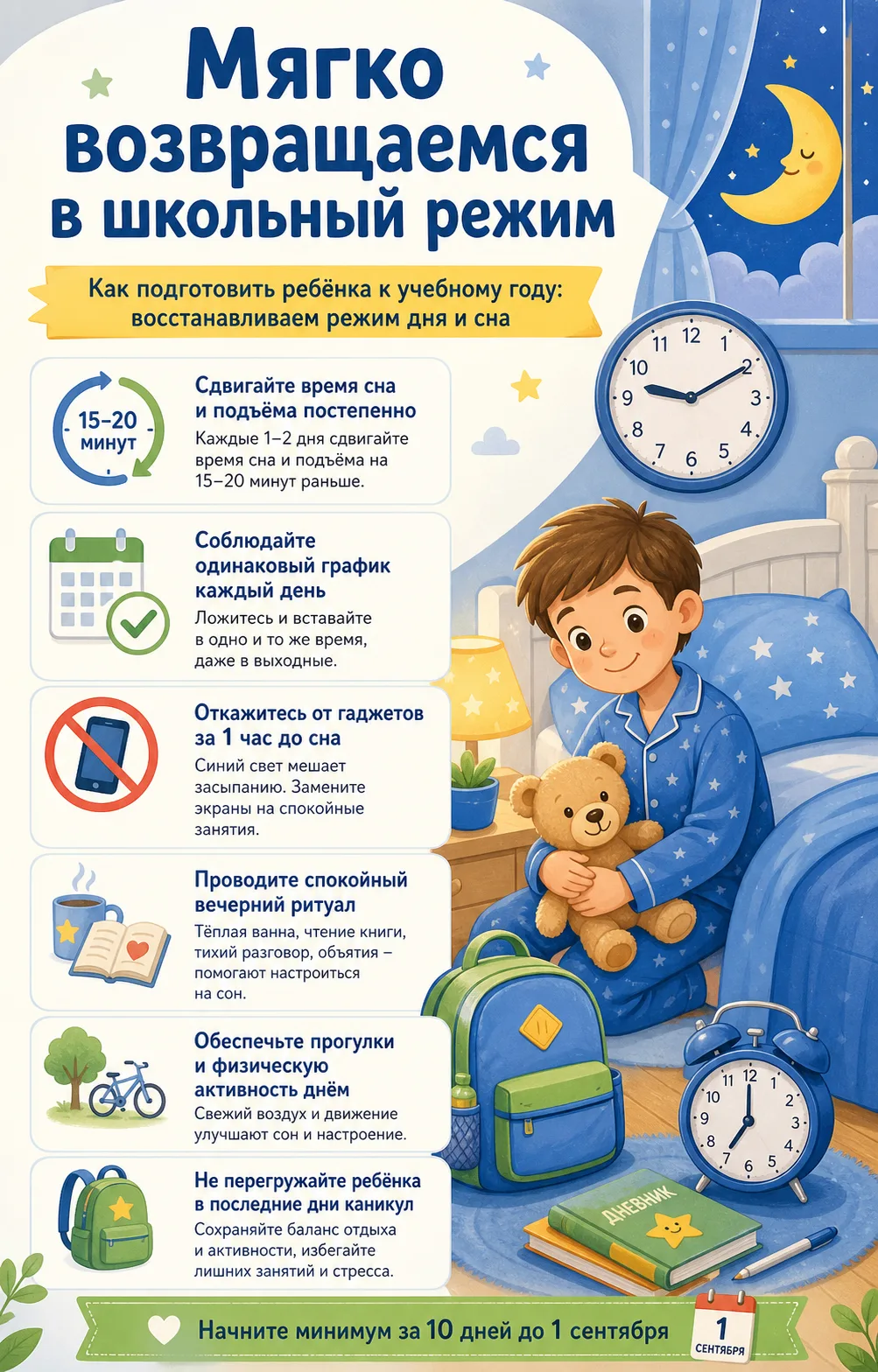 Как подготовить ребёнка к учебному году: восстанавливаем режим дня и сна 💤😴