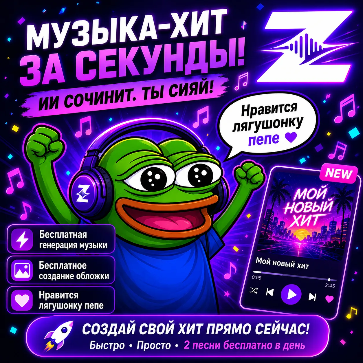 📝 Создать песню по своему тексту — просто пришли слова.