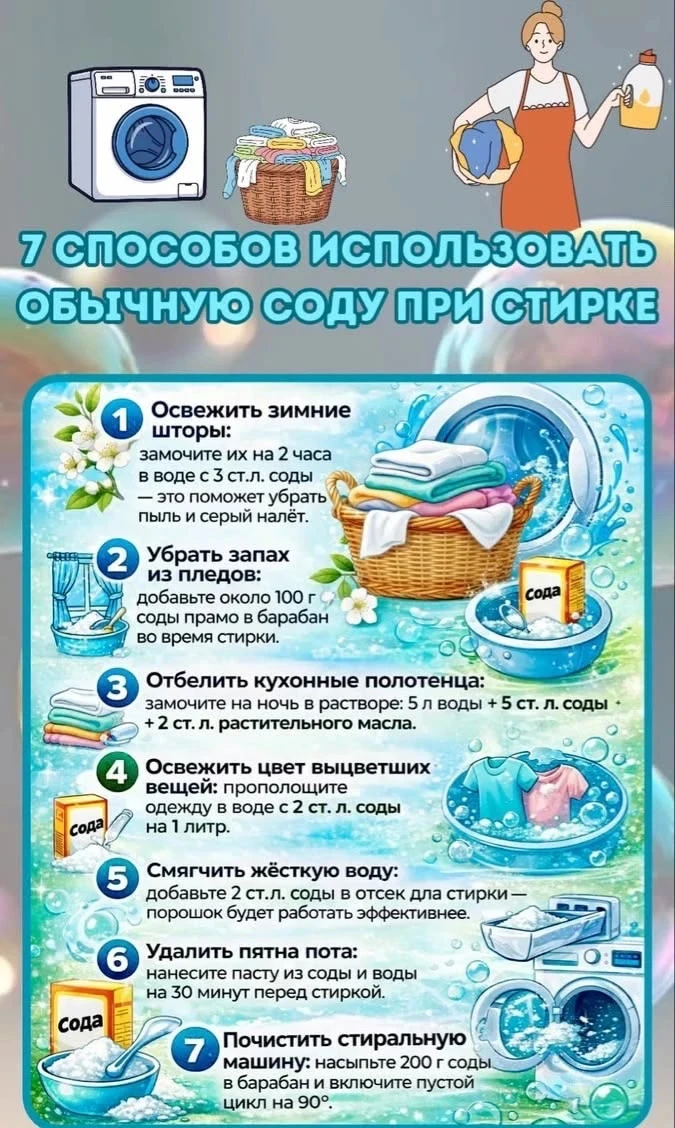 7 способов использовать обычную соду при стирке 🧺

Сода отлично справляется с загрязнениями, запаха