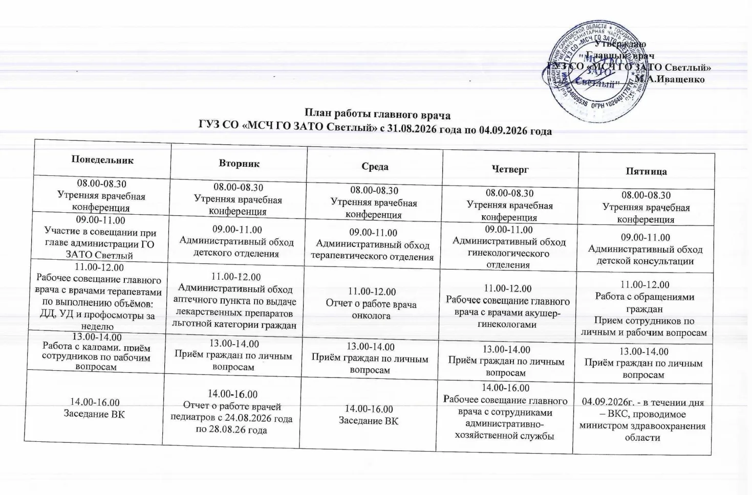 План работы главного врача с 31.08.2026г по 04.09.2026г