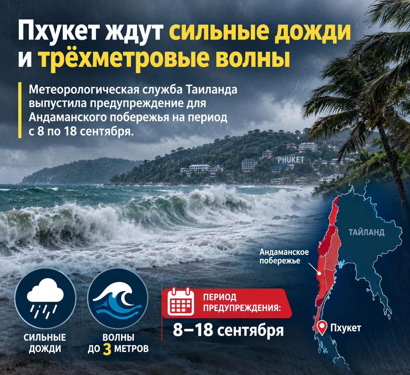 Пхукет ждут сильные дожди и трёхметровые волны 🌊