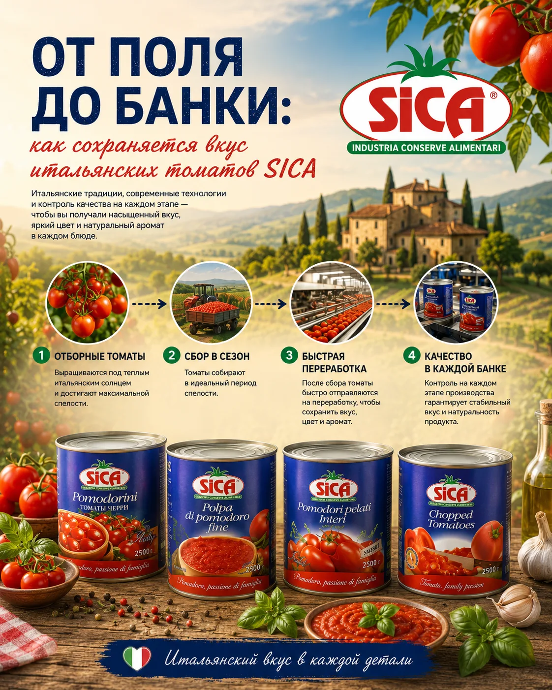 ✨ От поля до банки: как сохраняется вкус итальянских томатов SICA

🇮🇹 Секрет насыщенного вкуса том