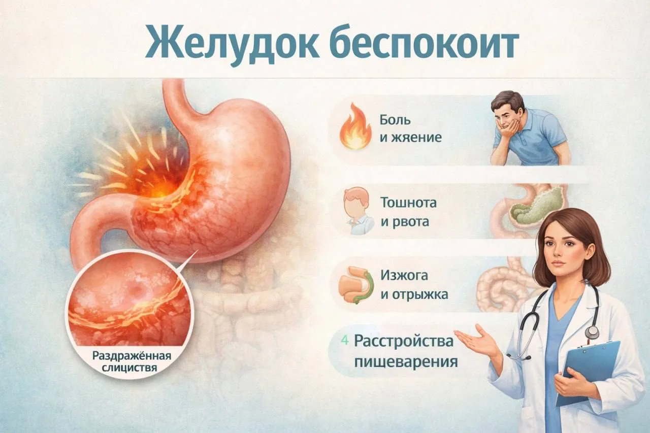 Беспокоит желудок?

— тяжесть после еды  
— изжога  
— боль  
— ощущение, что «не так переваривается
