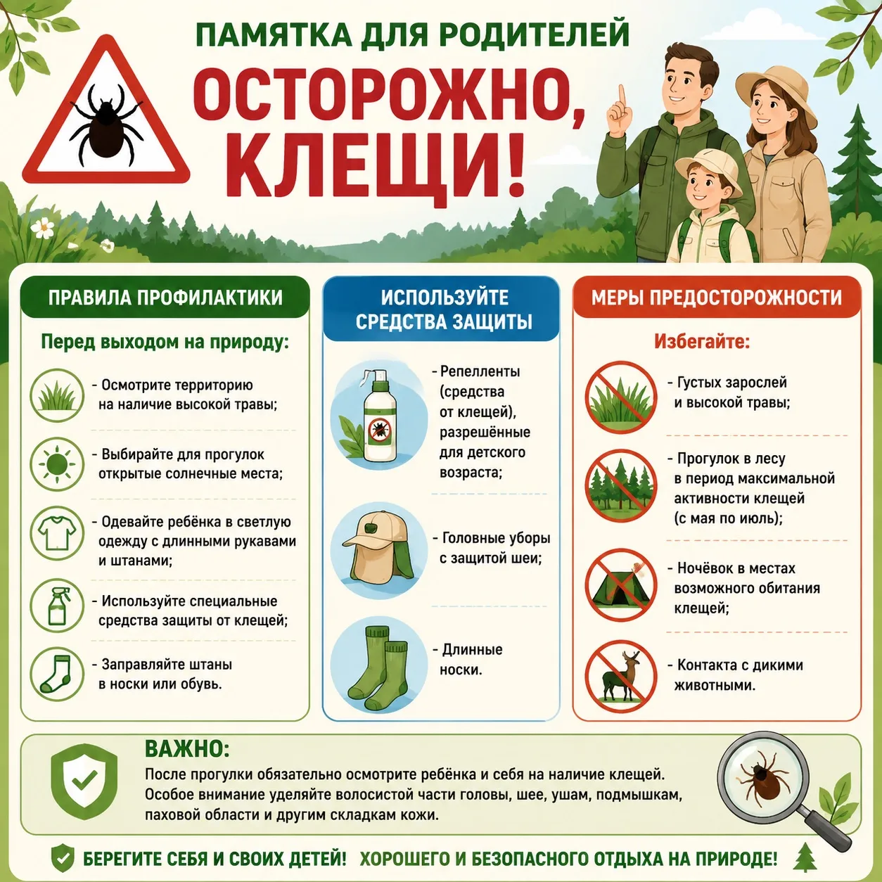 🕷️«Осторожно, клещи!»

С приходом тепла мы всё чаще выбираемся на природу: в парки, на дачи и в лес