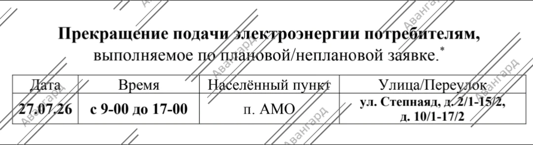 Отключение электроэнергии