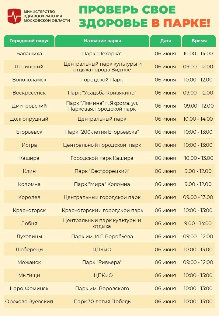 ⭐️ Акция «Проверь свое здоровье в парке» возвращается в Подмосковье!