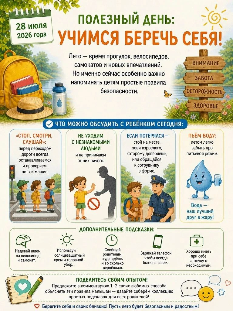 🗓 28 июля 2026 года. 
Полезный день: учимся беречь себя!

Лето — время прогулок, велосипедов, самок