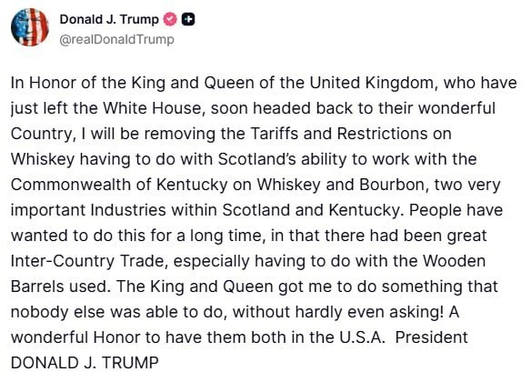 Президент США Дональд Трамп отменит пошлины на шотландский виски. Об этом он написал в ...