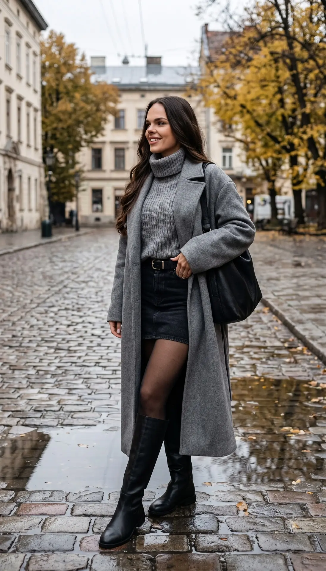 Фотореалистичный осенний street-style портрет девушки на красивой европейской улице пос...