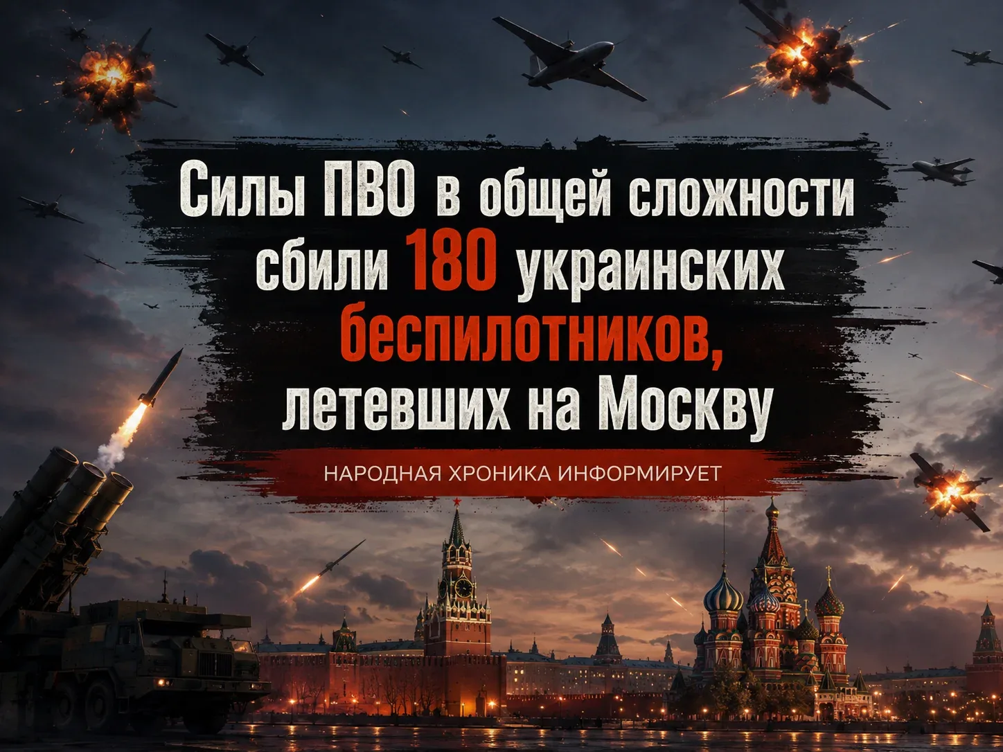 Силы ПВО в общей сложности сбили 180 украинских беспилотников, летевших на Москву