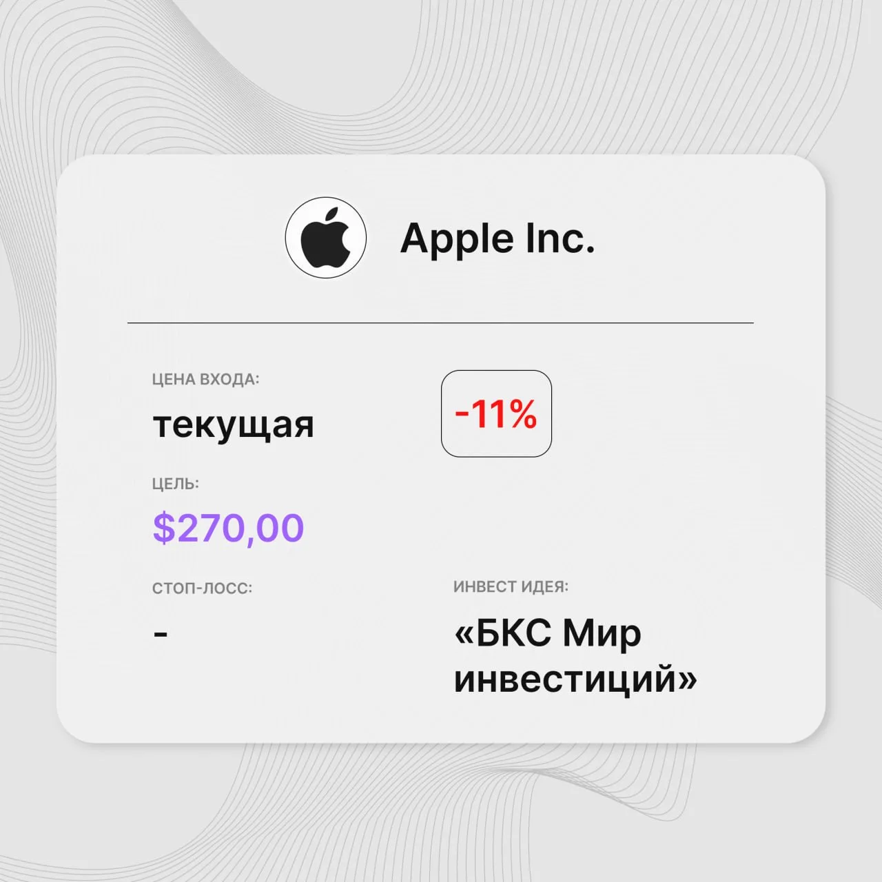 Инвест-идея по акциям Apple Inc.

Инвест-идея от: «БКС Мир инвестиций» 
Цена входа: текущая
Стоп-лос