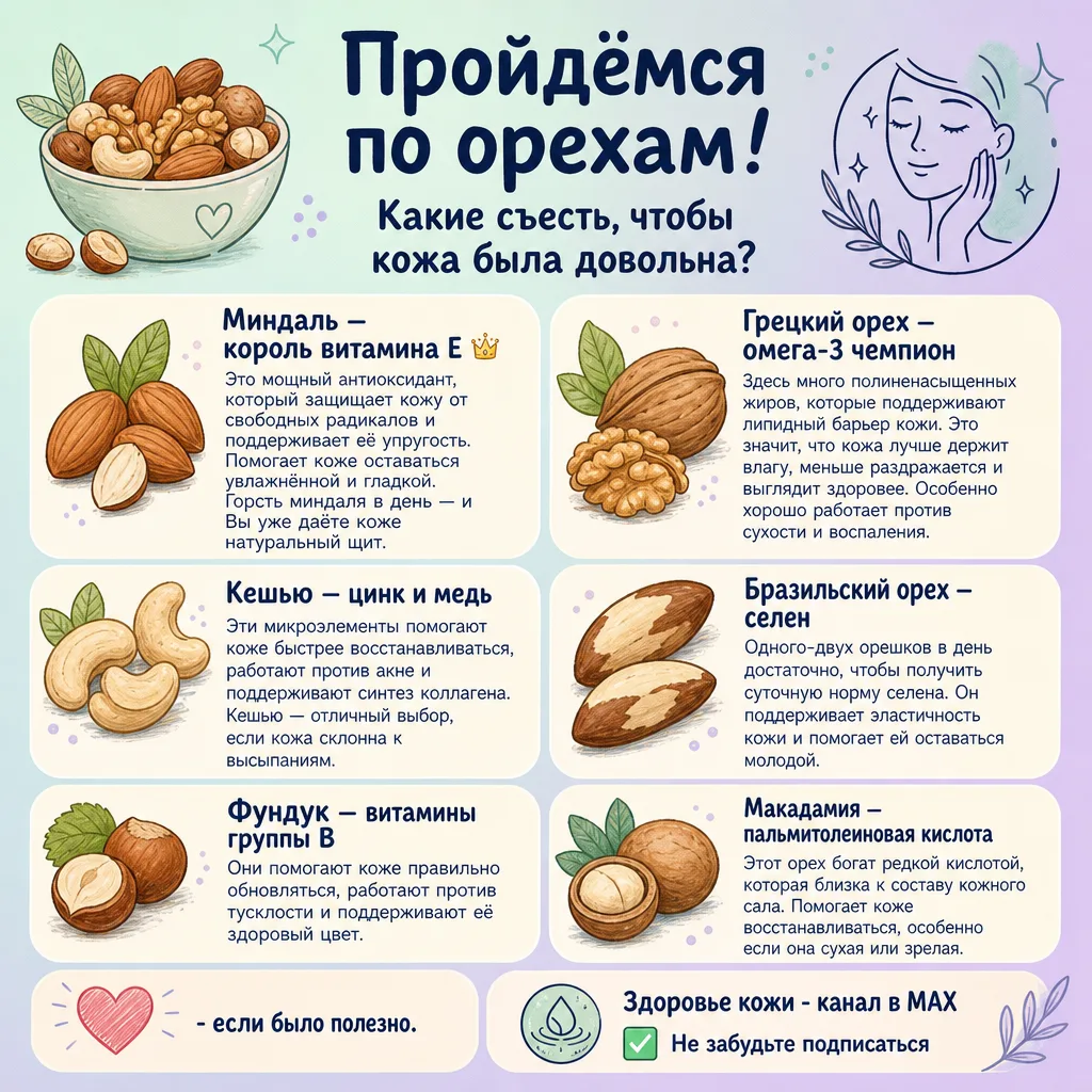 🥜 Пройдёмся по орехам! Какие съесть, чтобы кожа была довольна?

Орехи — это не просто перекус, это 