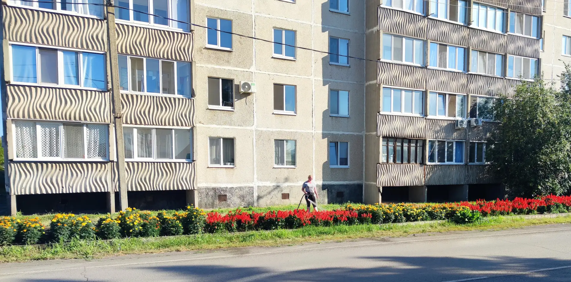 Сегодня утром от жары спасали клумбу по ул. Рыбникова и посадку с елками у начальной школы