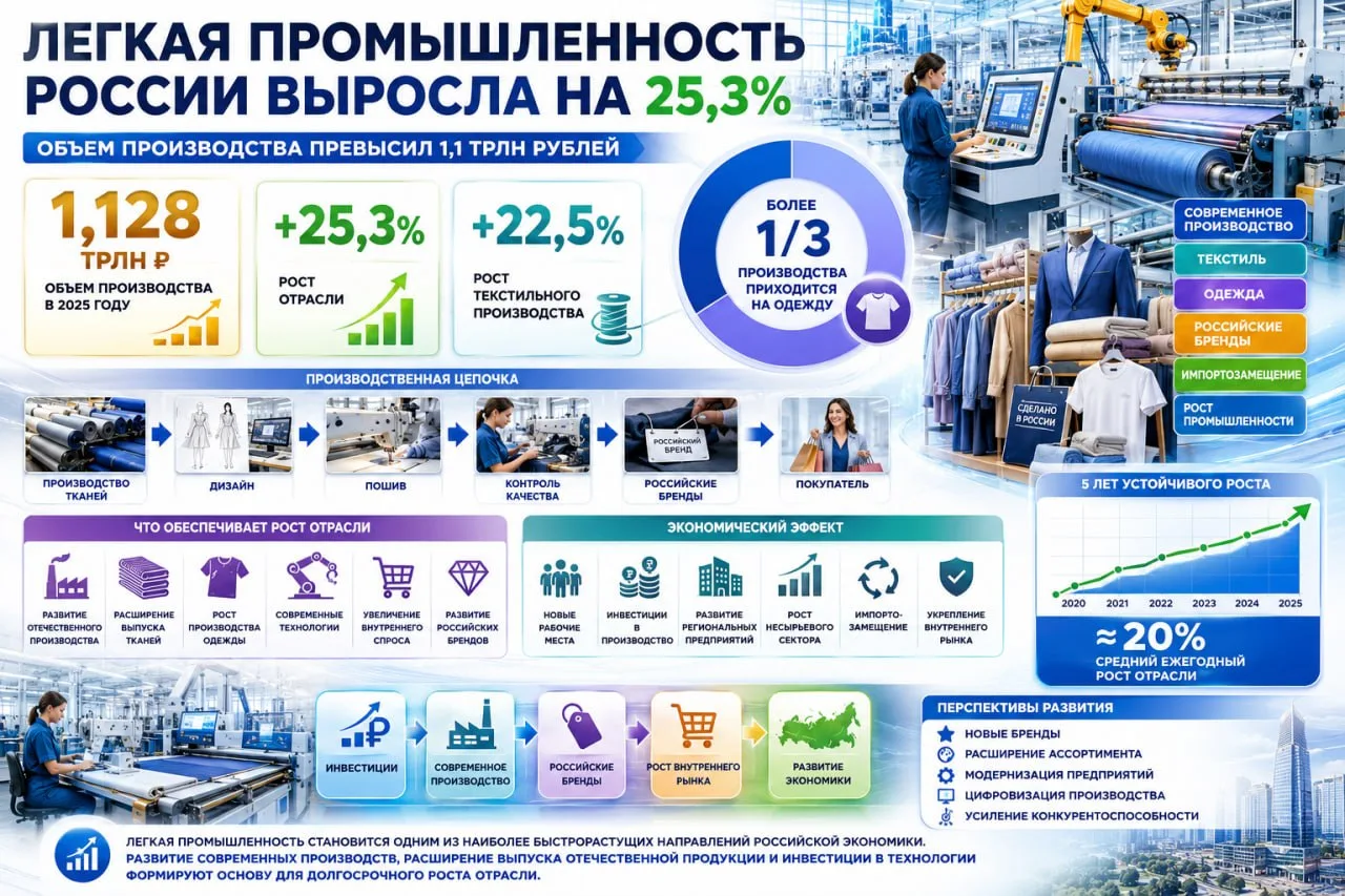 Объем производства российской легкой промышленности в 2025 году вырос на 25,3% и достиг 1,128 трлн р