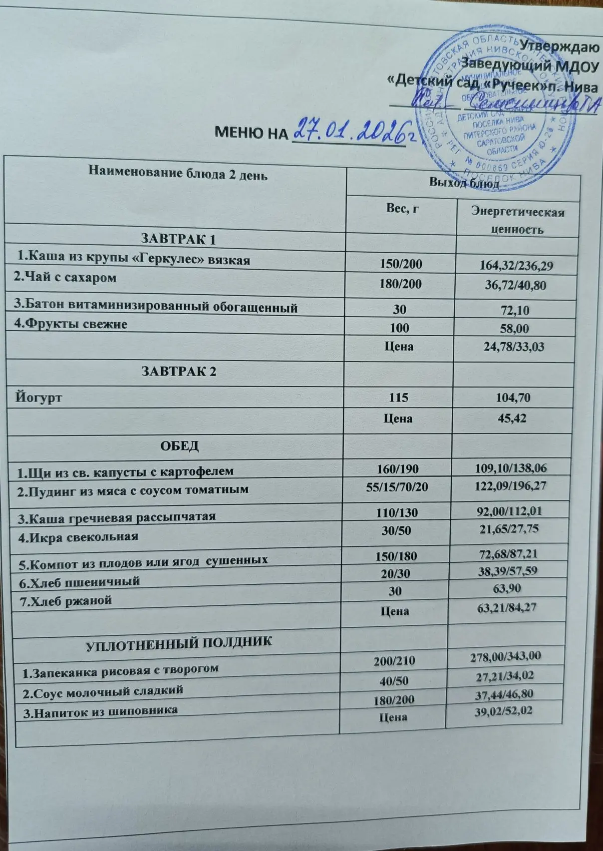 Меню на 27.01.2026г.