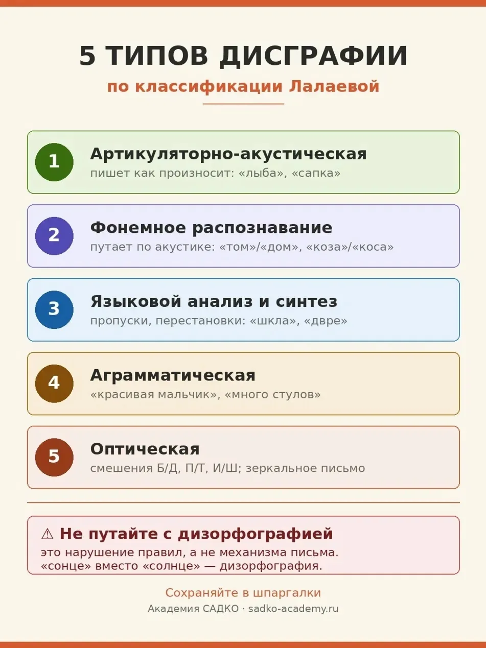 5 типов дисграфии по классификации Лалаевой. Сохраните шпаргалку, в сентябре пригодится...