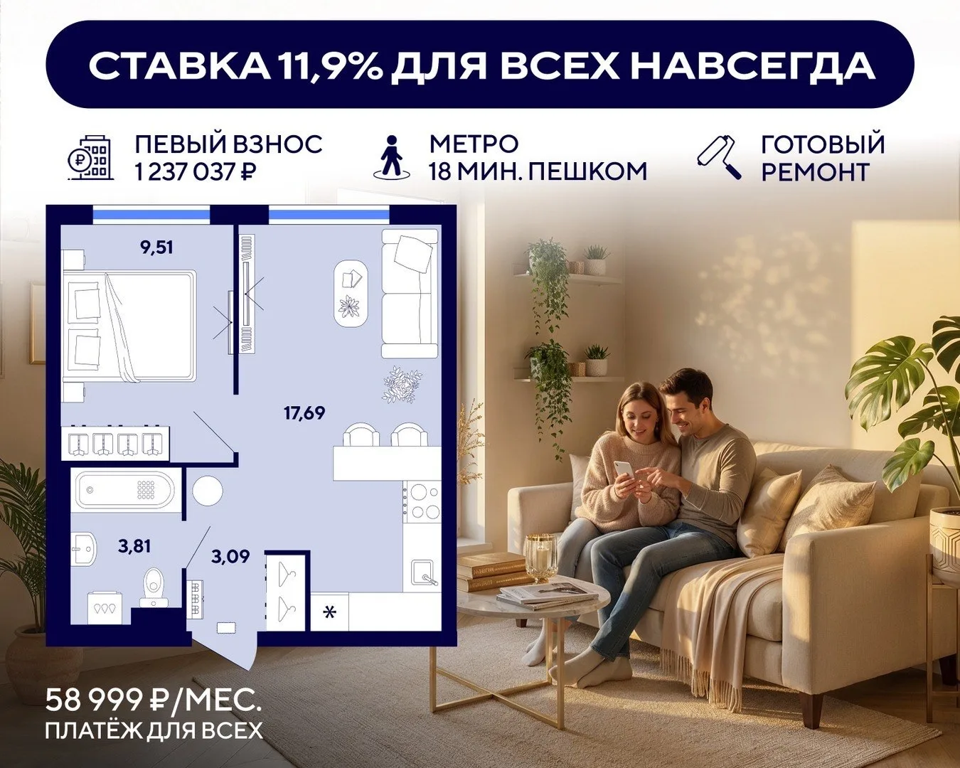 😎 Однушка у метро с первым взносом 1,2 млн и ставкой 11,9% для всех на весь срок  #кейс_дня  Найти б