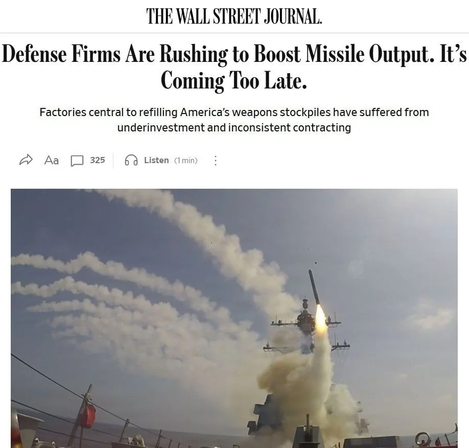 The Wall Street Journal: США критически истощили арсеналы в войне с Ираном… — публикация канала «Сводки СВО»